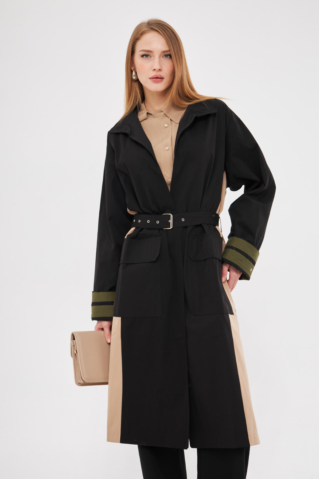 Solid Coat with Front Pockets & Beige Back