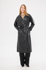 Notched Neckline Leather Solid Midi Coat