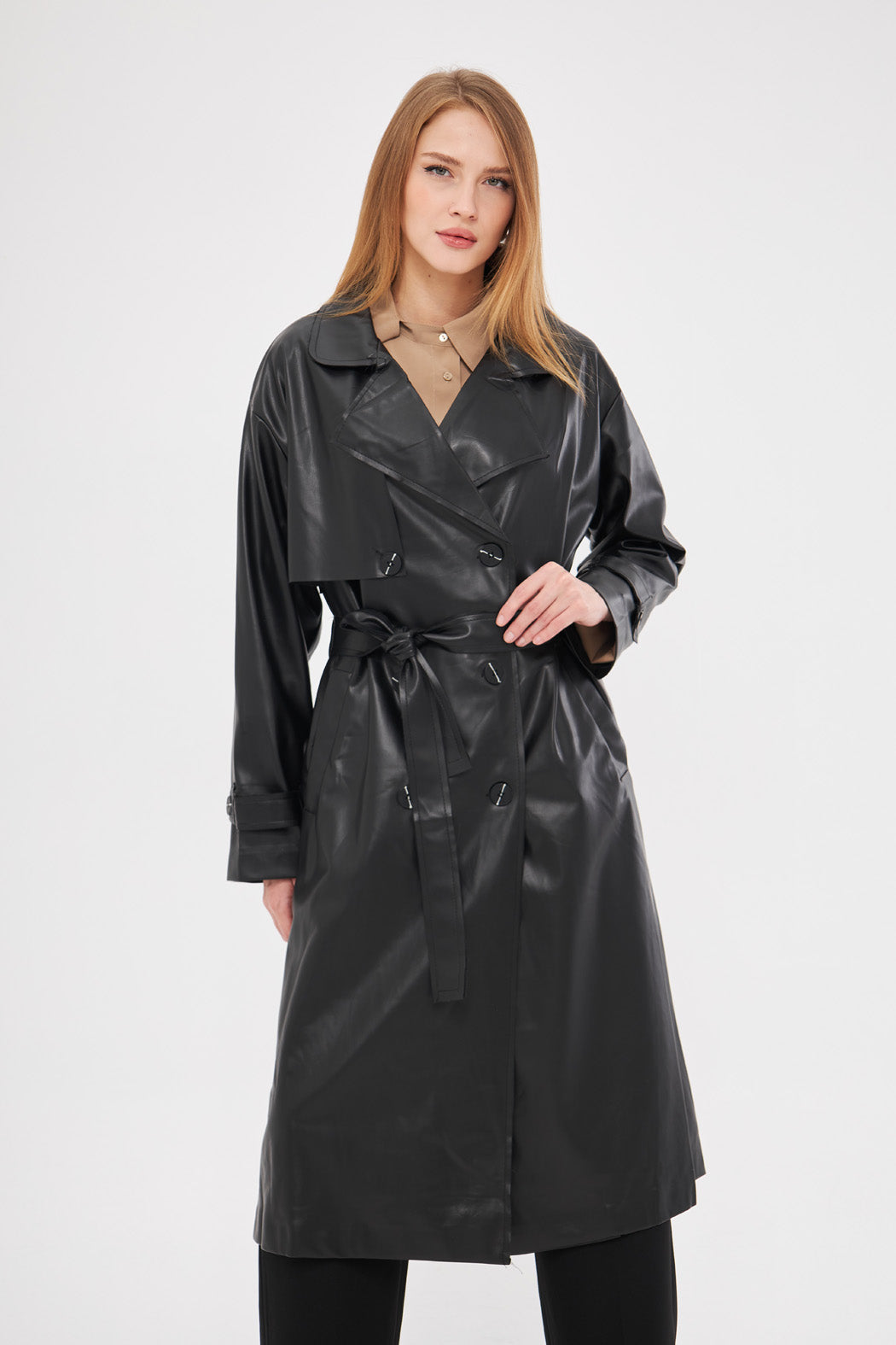 Notched Neckline Leather Solid Midi Coat