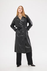 Notched Neckline Leather Solid Midi Coat