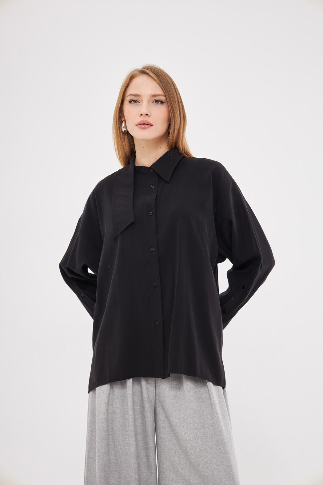 Solid Hidden Buttoned Shirt with Asymmetrical Collar