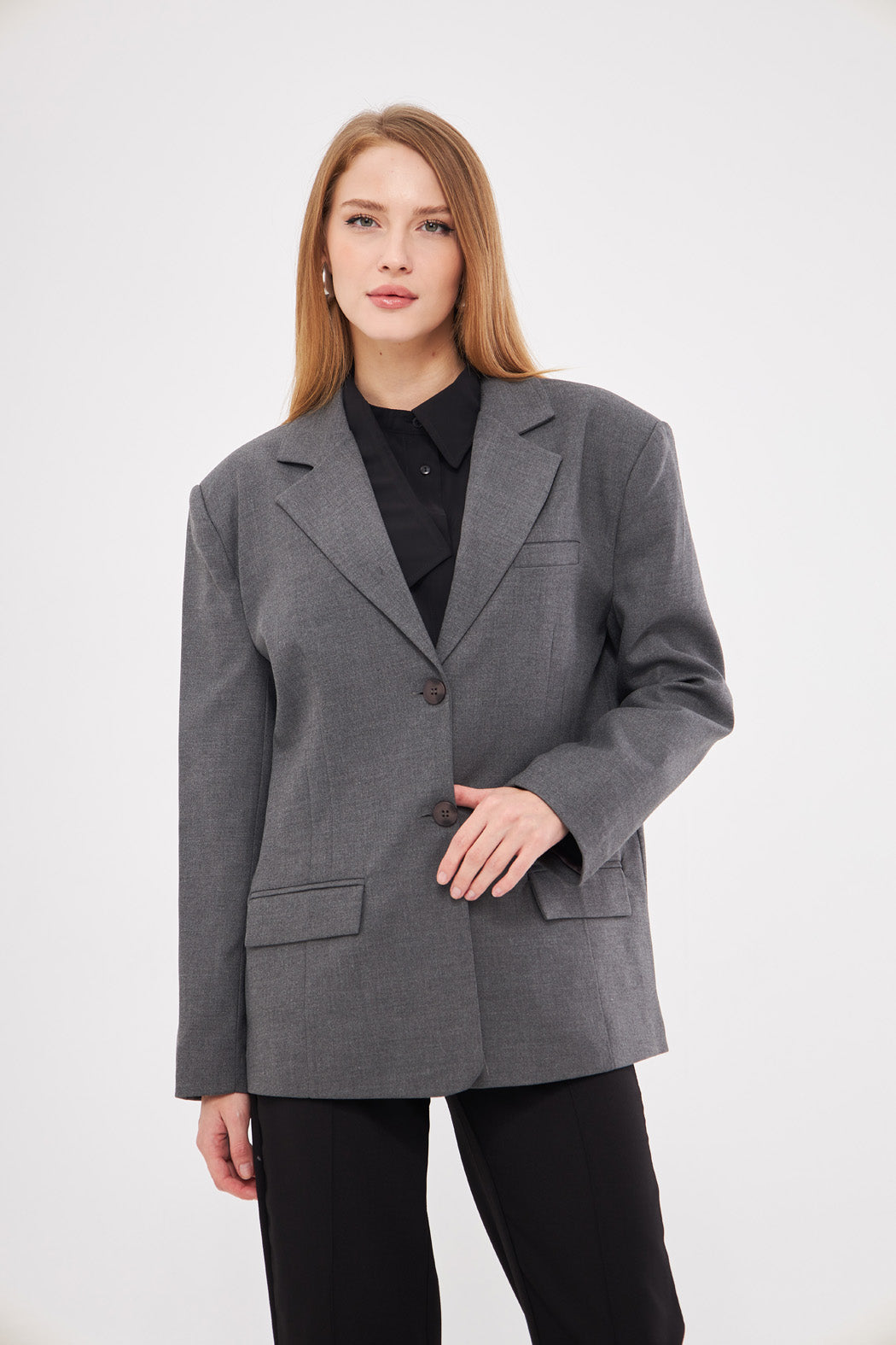 Solid Fitted Faux Pockets Blazer