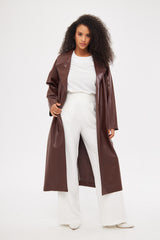 Solid Leather Midi Coat with Front Pockets