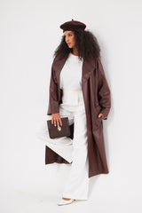 Solid Leather Midi Coat with Front Pockets