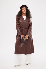 Solid Leather Midi Coat with Front Pockets