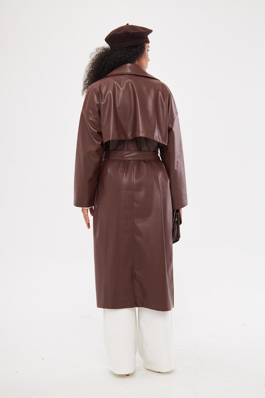 Solid Leather Midi Coat with Front Pockets