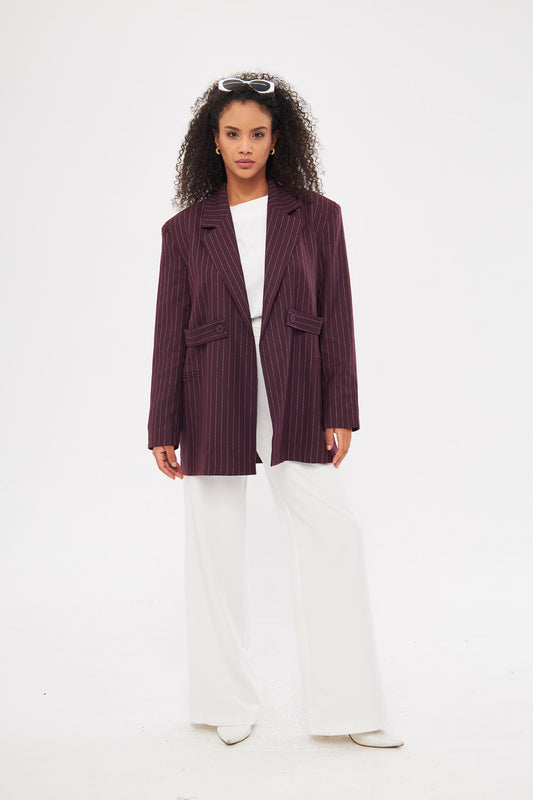 Stripped Two-Toned Blazer with Side Buttoned Patches