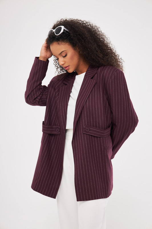 Stripped Two-Toned Blazer with Side Buttoned Patches