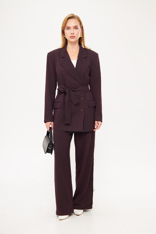 Double Breast Solid Blazer with Belt