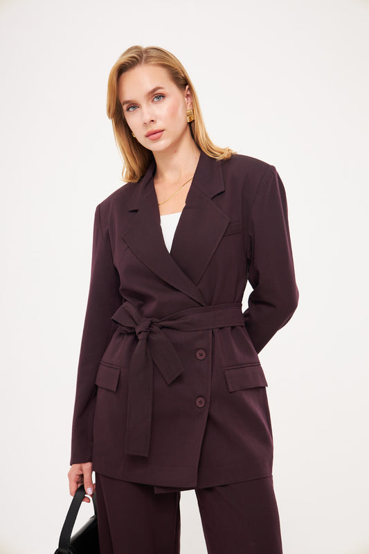 Double Breast Solid Blazer with Belt