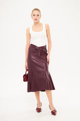 Ruffled Hem Leather Tight Midi Skirt