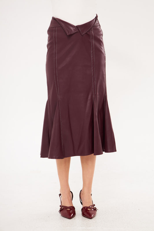 Ruffled Hem Leather Tight Midi Skirt