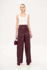 Solid Leather Loose Fit Trousers with Side Pockets