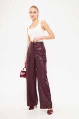 Solid Leather Loose Fit Trousers with Side Pockets