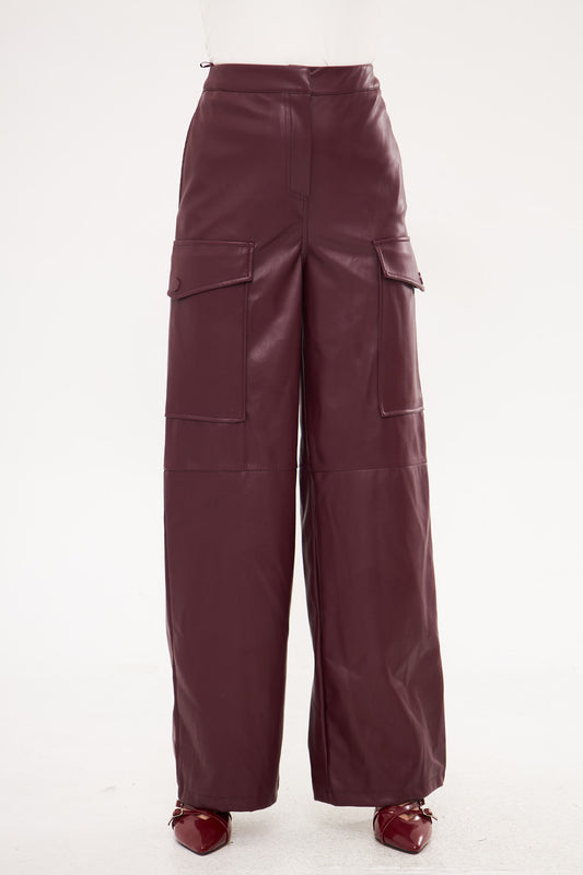 Solid Leather Loose Fit Trousers with Side Pockets