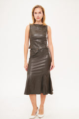 Ruffled Hem Leather Tight Midi Skirt