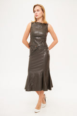 Ruffled Hem Leather Tight Midi Skirt