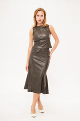 Ruffled Hem Leather Tight Midi Skirt