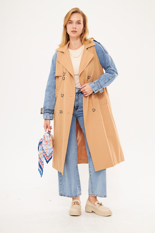 Two-Tone Denim Sleeves Midi Coat