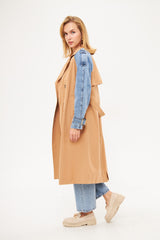 Two-Tone Denim Sleeves Midi Coat