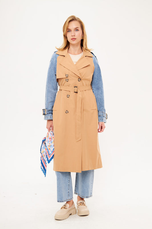 Two-Tone Denim Sleeves Midi Coat