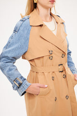 Two-Tone Denim Sleeves Midi Coat