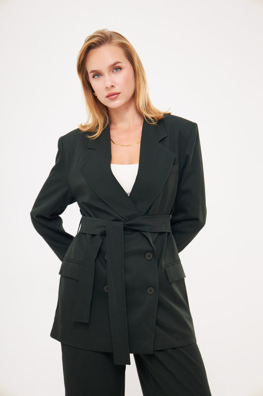 Double Breast Solid Blazer with Belt