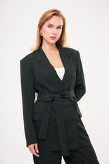 Double Breast Solid Blazer with Belt