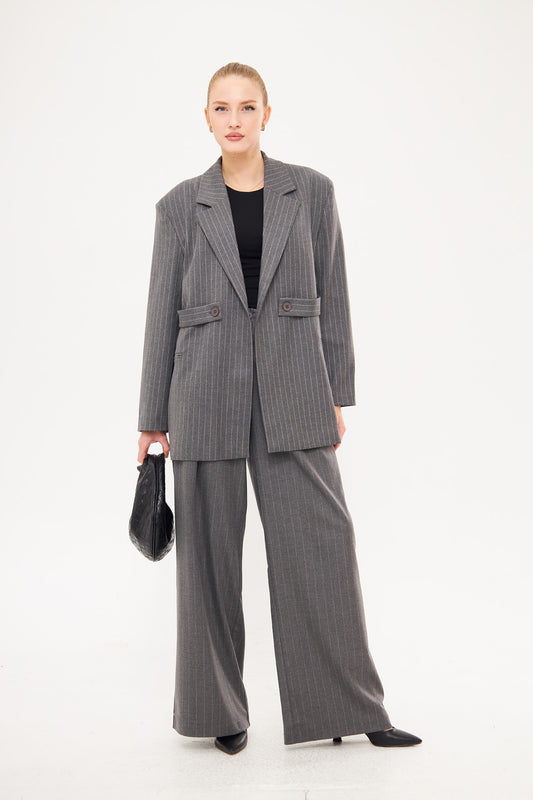 Stripped Two-Toned Blazer with Side Buttoned Patches