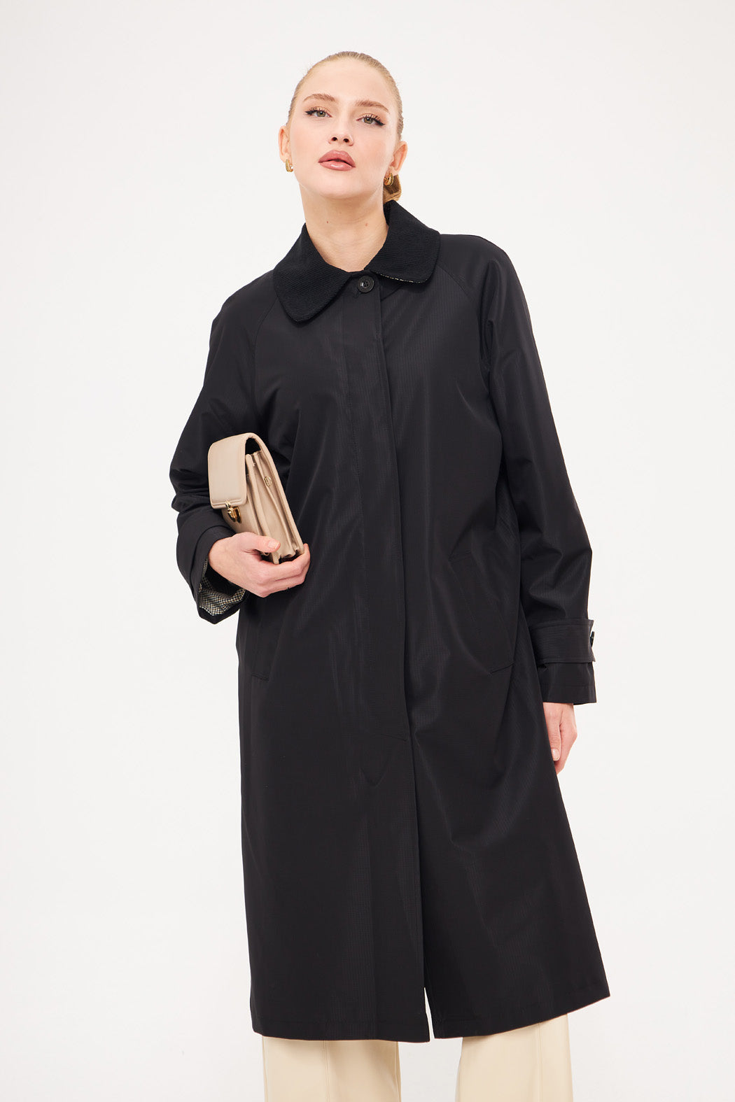 Collared Solid Hidden Closure Midi Coat