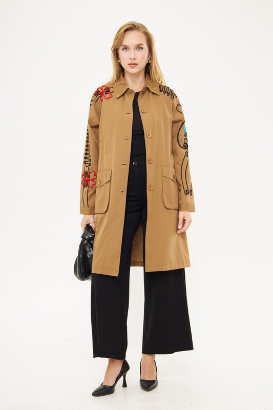 Stitched Embroidered Design Midi Coat