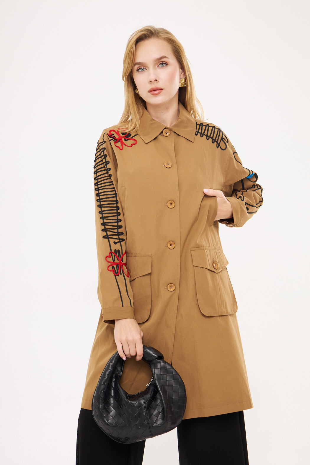 Stitched Embroidered Design Midi Coat