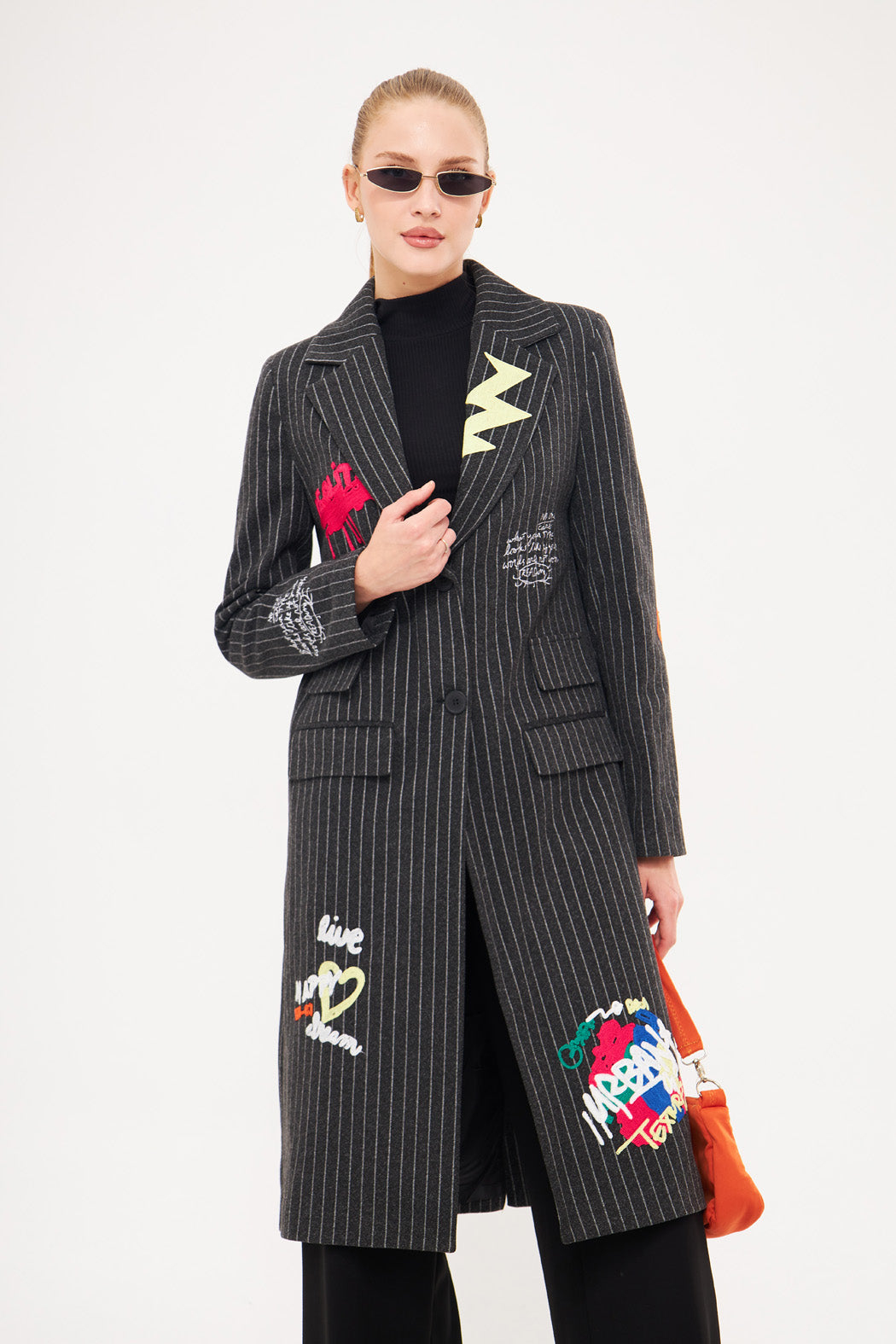 Sticker-Like Design Striped Midi Coat