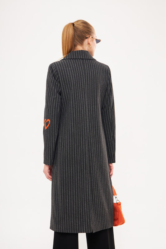 Sticker-Like Design Striped Midi Coat