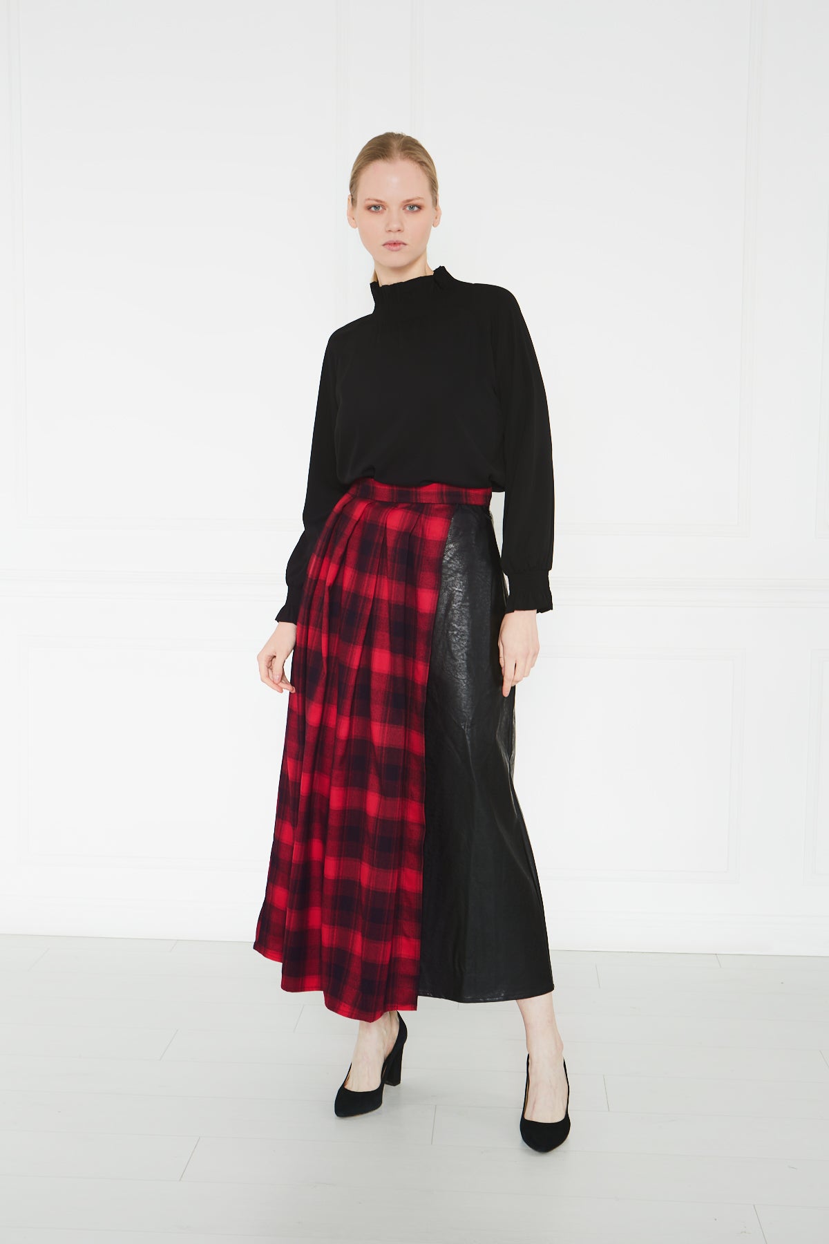 2101017- Wrap Plaid Maxi Leather Skirt - Montania Shop