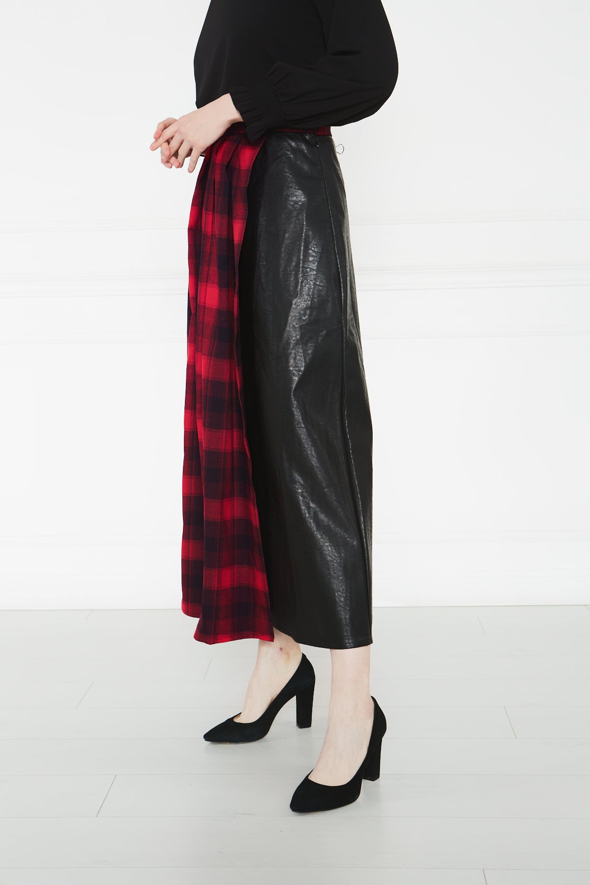 2101017- Wrap Plaid Maxi Leather Skirt - Montania Shop