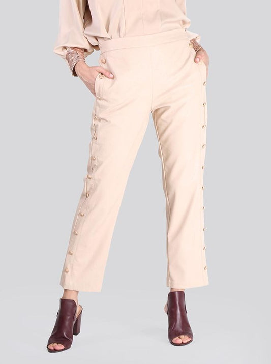 2104002- Straight Leather Pants Button Linen Trim - Montania Shop