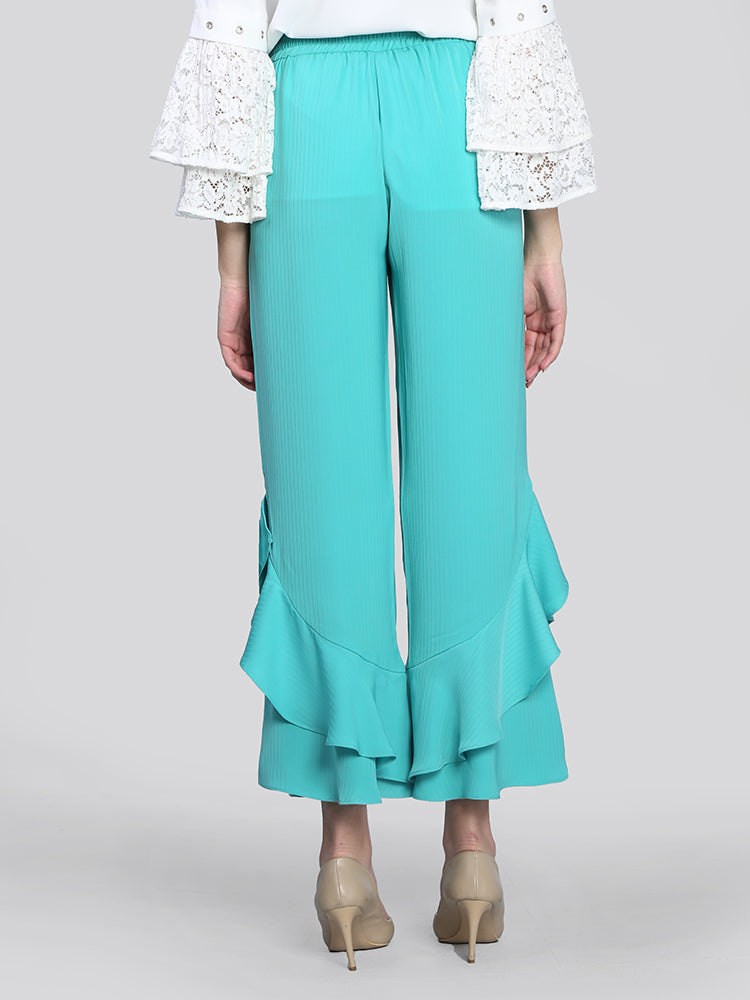 2104007- Asymmetrical Frill Hem Stripes Pants - Montania Shop