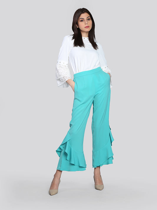 2104007- Asymmetrical Frill Hem Stripes Pants - Montania Shop