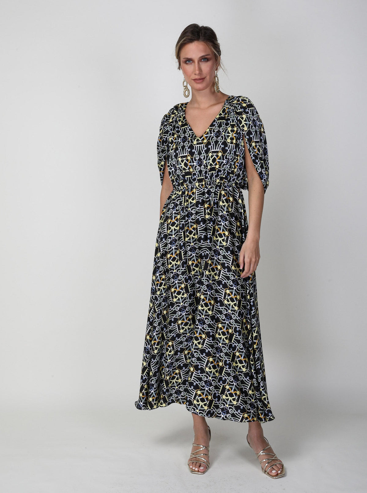 2306007- Cape Sleeve Printed Dress