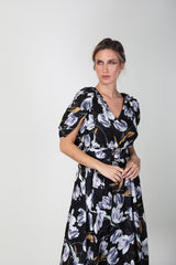 2306017- Cape Sleeve Floral Dress